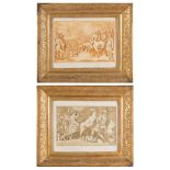 Pair of carved and giltwood frames with prints, 19th Century