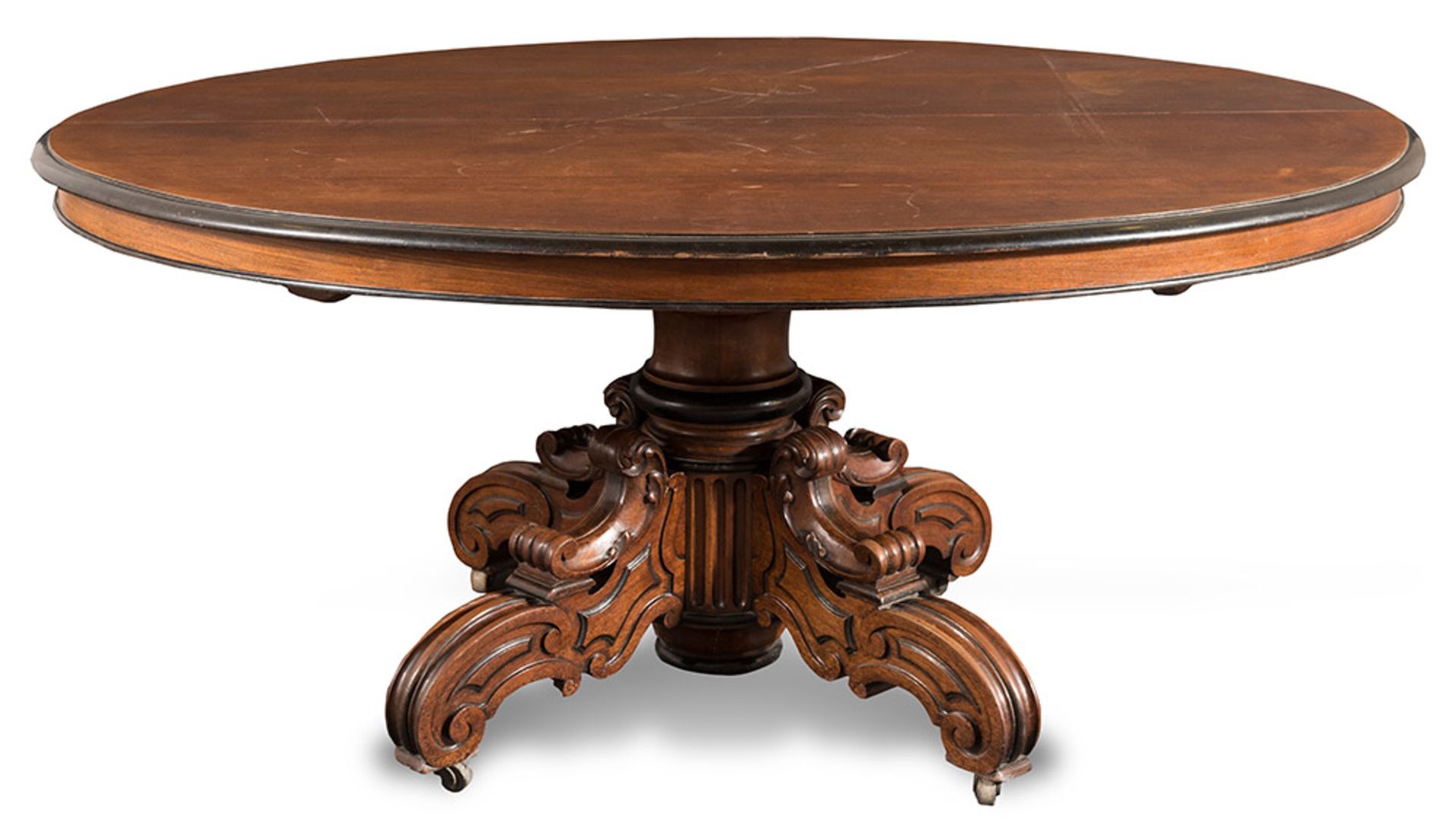 Walnut oval dining table, ebonized profiles, extendable, 19th Century