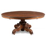 Walnut oval dining table, ebonized profiles, extendable, 19th Century