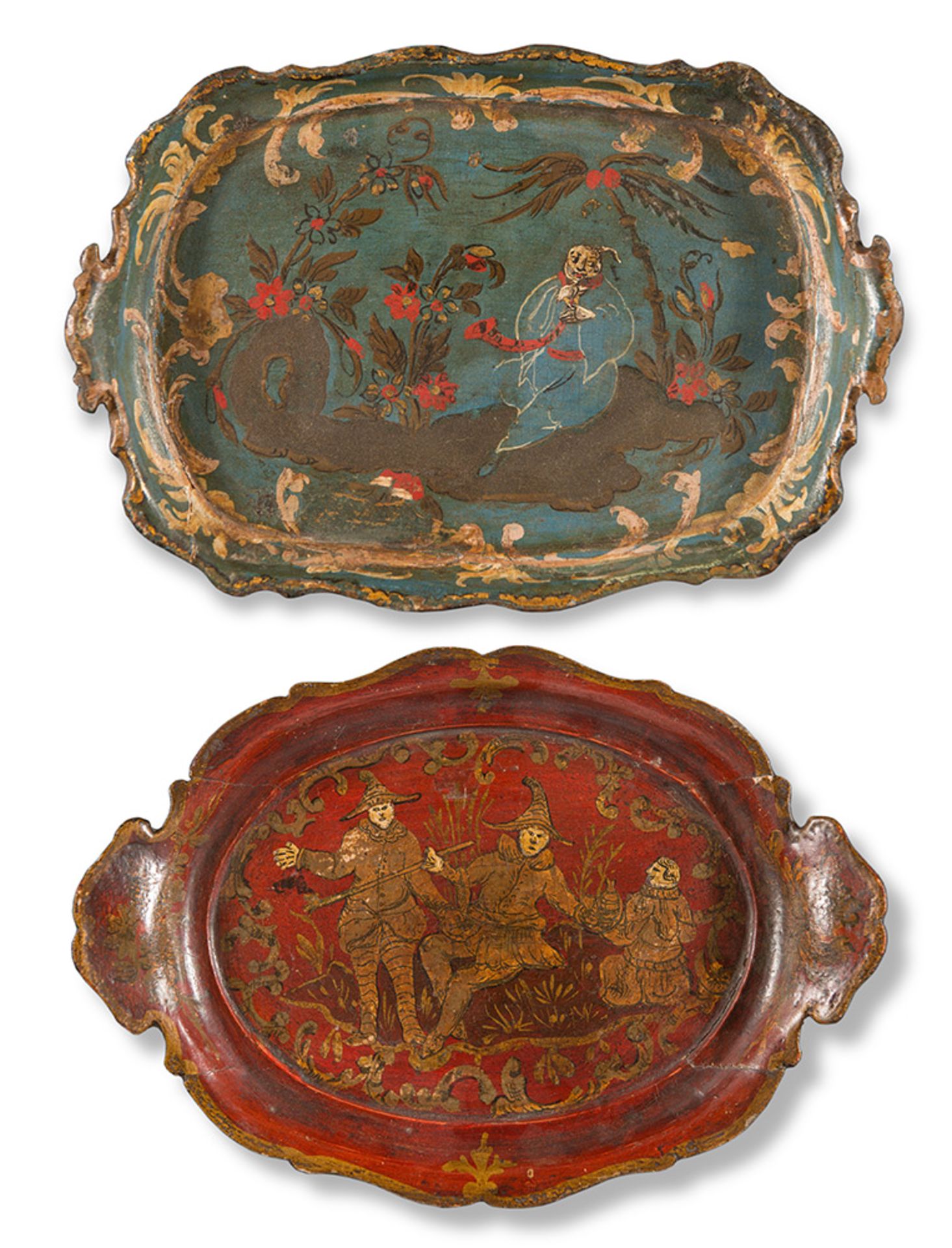 Two lacquered wood trays with oriental figures: blue tray of the 18th Century