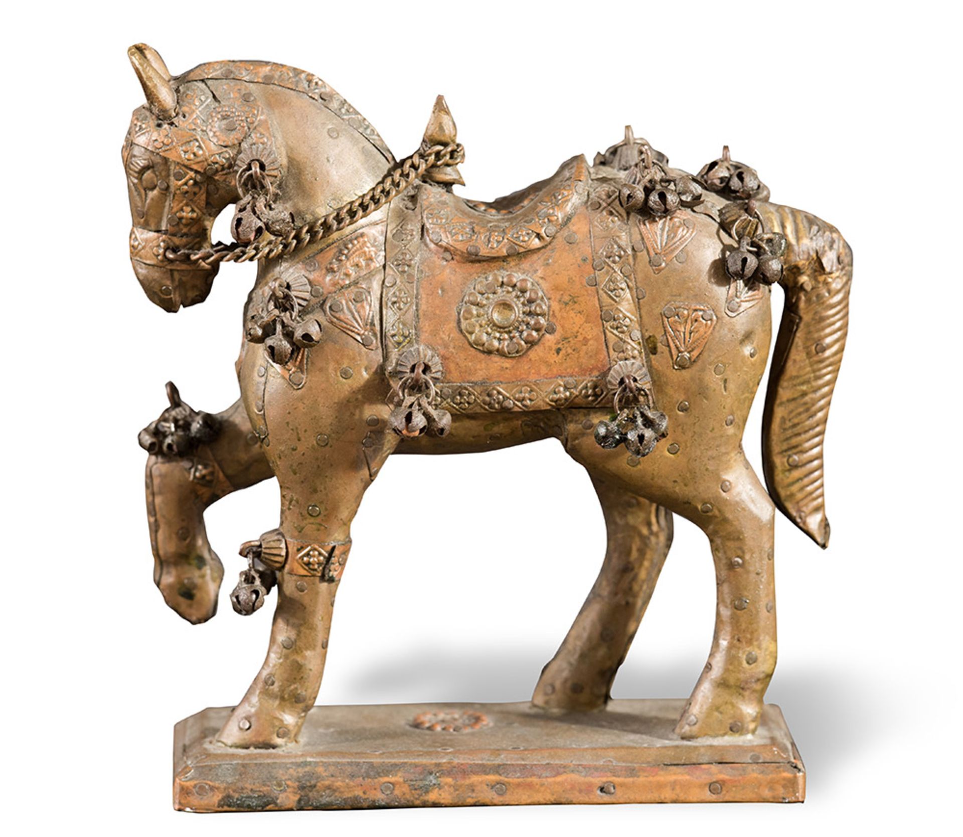 "Cavallo bardato", wood, metal foil and leather sculpture, 19/20th Century