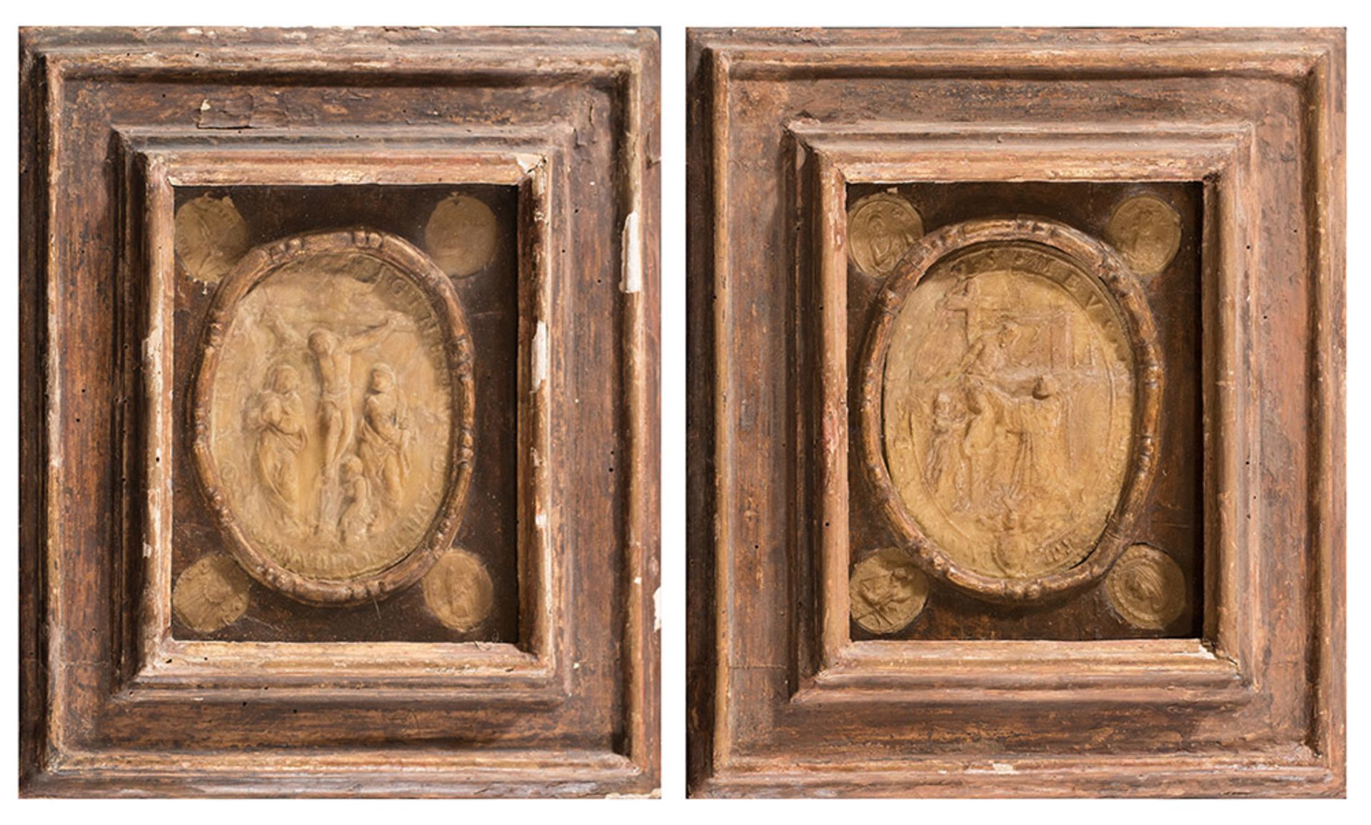 Pair of relief wax medallions, "Cristo Crocifisso" and "Deposizione del Cristo"