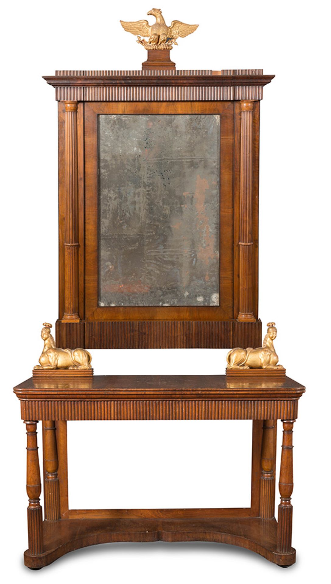 Walnut console and mirror, carved giltwood decorations, in the manner of Agostino Fantastici