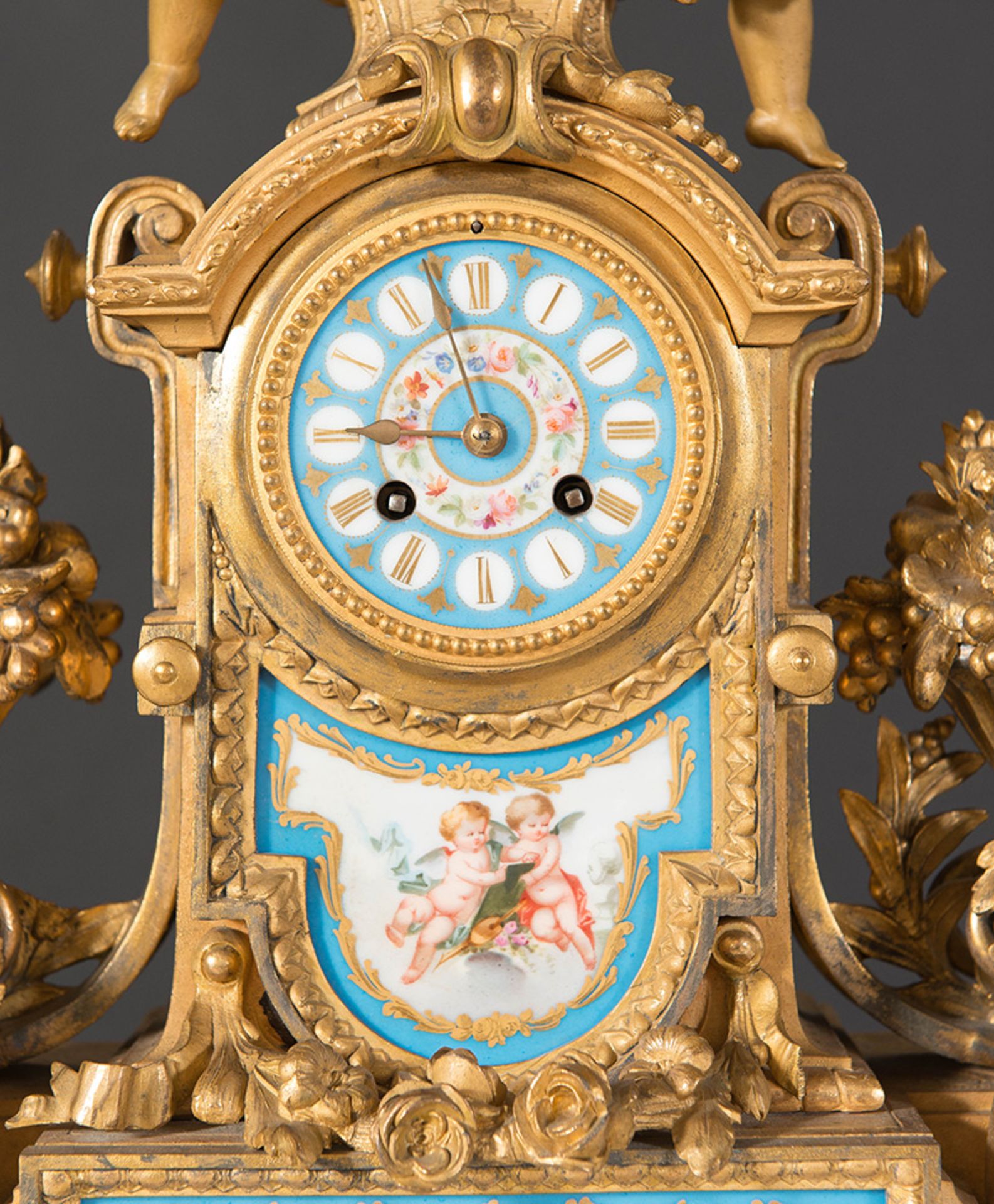 Gilt metal and Sèvres porcelain mantel clock and two candelabra, France, late 19th Century - Image 2 of 2