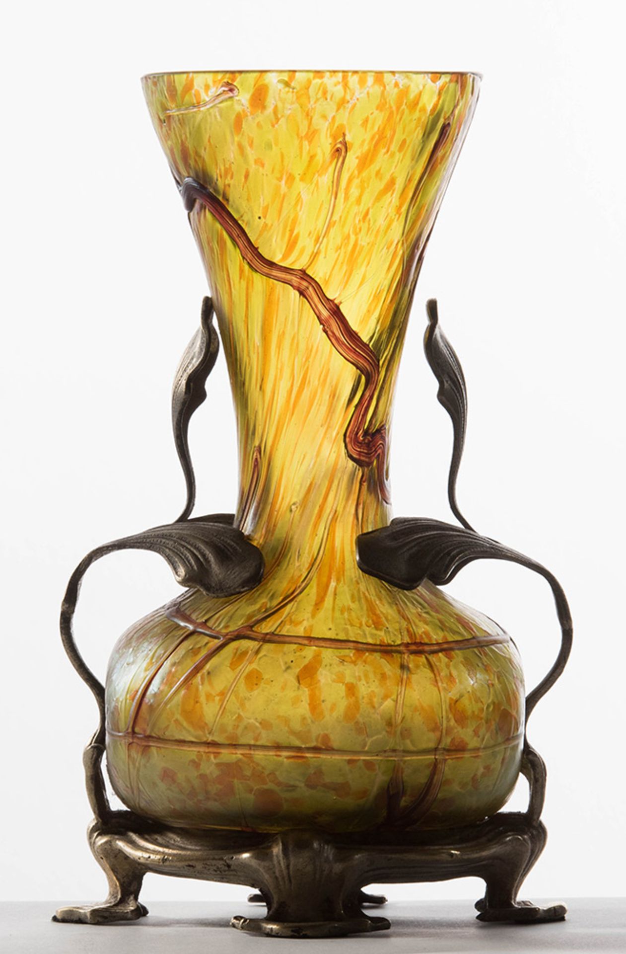 Loetz, Iridescent glass and silvered bronze mounted vase.