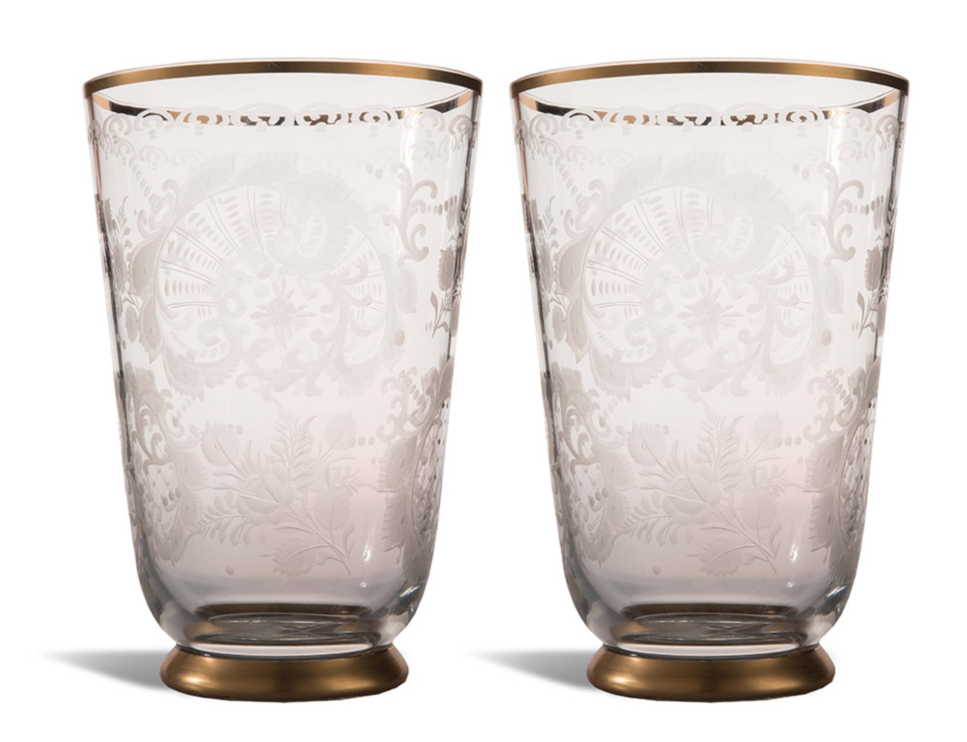 Pair of glass vases with gilt finishing.