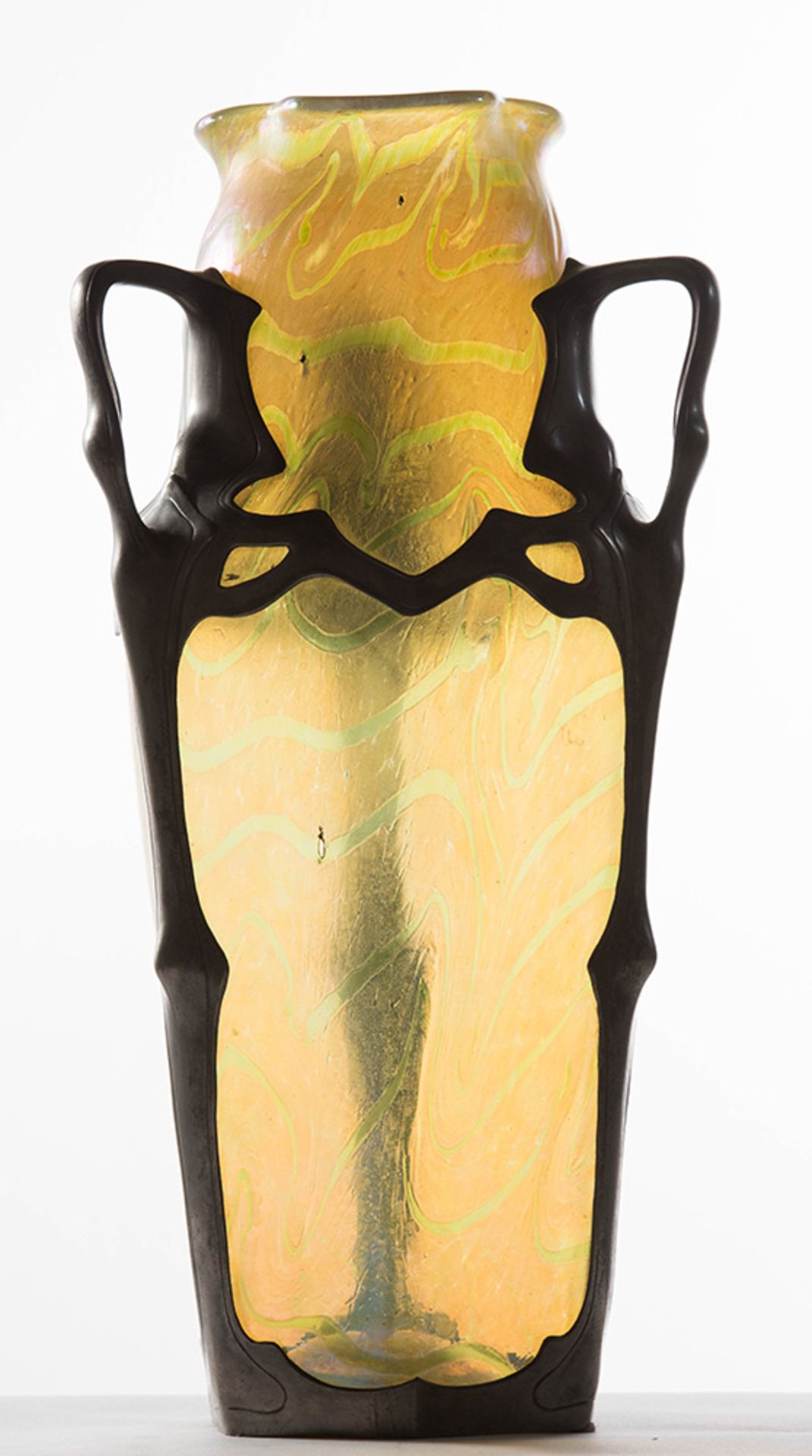 Loetz, Big iridescent glass and pewter mounted vase.