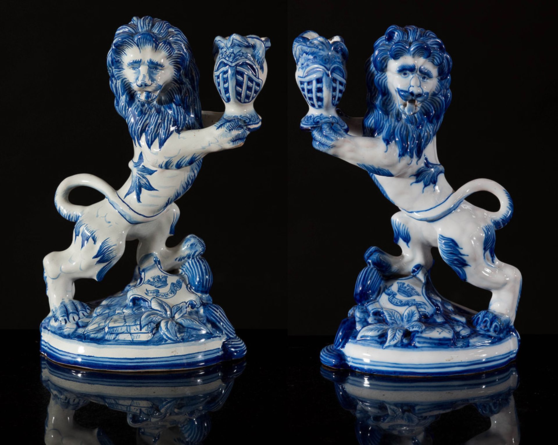 Emile Galle, Nancy, pair of 'Lions' candlesticks.