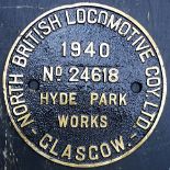 Locomotive worksplate “NORTH BRITISH LOCOMOTIVE CO. LTD GLASGOW 1940 NO.24618 HYDE PARK WORKS”, as