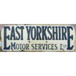 Advertising enamel sign “EAST YORKSHIRE MOTOR SERVICES LTD”, blue text on white ground. Good