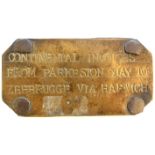 A document bag, brass label “CONTINENTAL INVOICES FROM PARKESTON QUAY TO ZEEBRUGGE VIA HARWICH”,