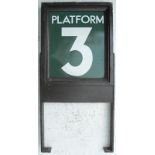 Station platform enamel sign “PLATFORM 3”. Double sided, mounted in a timber frame and steel