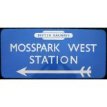 An enamel station direction sign “MOSS PARK WEST”, with left facing arrow (SC) FF. Moss Park West