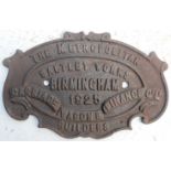 Carriage Worksplate “THE METROPOLITAN SALTLEY WORKS BIRMINGHAM 1925 CARRIAGE WAGON & FINANCE CO