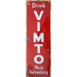 Advertising enamel sign “DRINK VIMTO MOST REFRESHING”, a vertical sign with the Vimto legend in