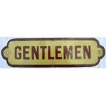 North Eastern Railway enamel door plate “GENTLEMEN”, brown text and border on cream ground, with