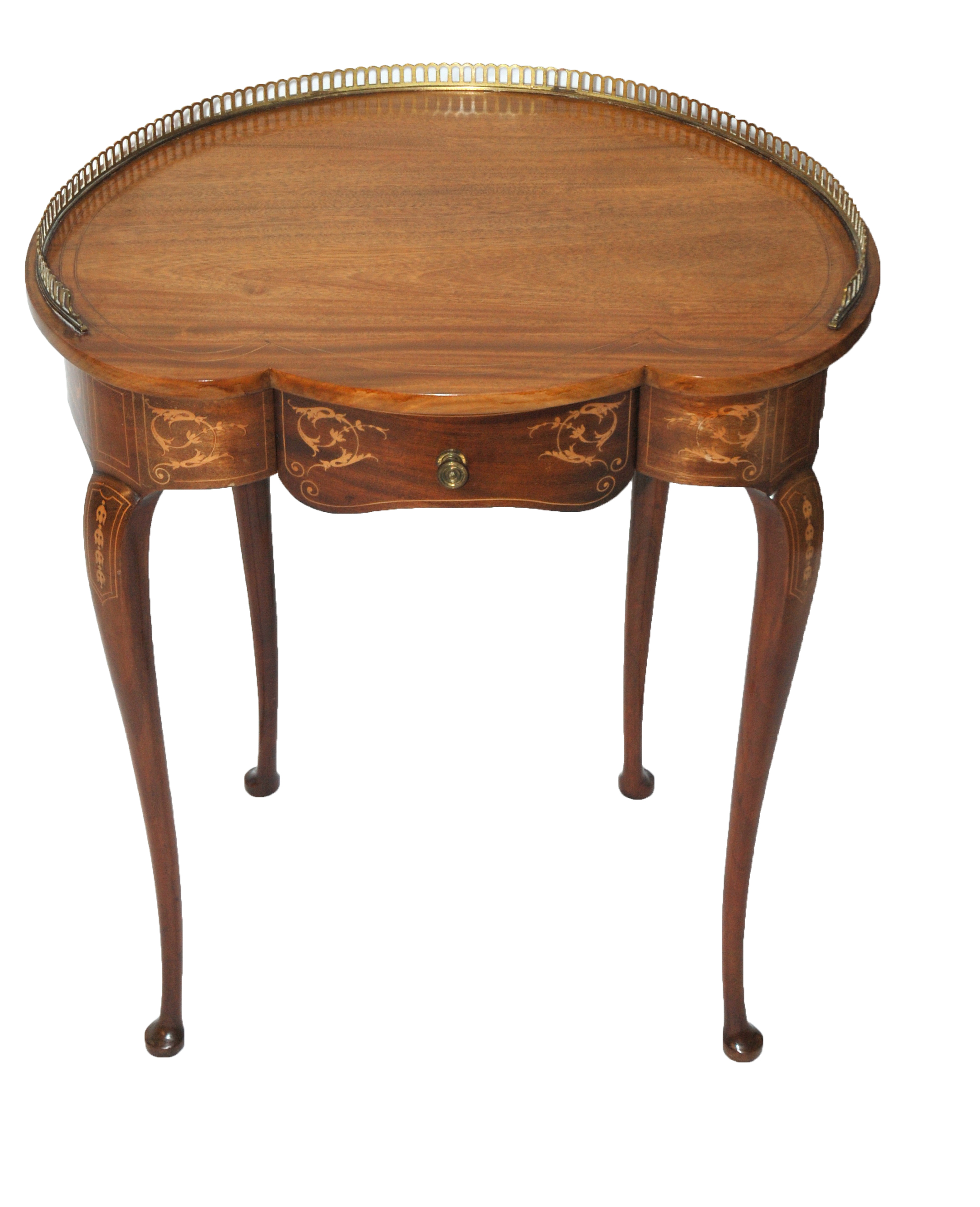 An Edwardian rosewood and inlaid kidney shaped ladies writing desk with three quarter brass