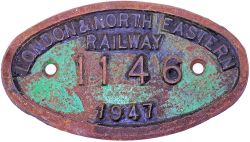 Works Numberplate 9 x 5 'London & North Eastern Railway 1146 dated 1947'. Ex Thompson B1 4-6-0