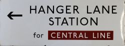 LT enamel Sign 'Hanger Lane Station For Central Line', with left facing arrow beneath, F/F 48in x