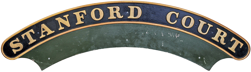 Nameplate STANFORD COURT. Ex Churchward GWR Saint Class 4-6-0 built Swindon Works May 1912 and