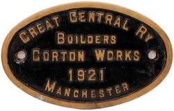Worksplate Great Central Ry Builders Gorton Works 1921 Manchester, oval brass 10.5 x 6.75 inches.