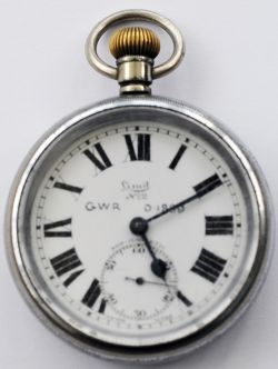 GWR Railway Pocket Watch with nickel case which is hand engraved G.W.R 0.1889 in shaded lettering