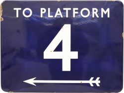 BR(E) enamel Station Platform Sign 'TO PLATFORM 4' with left facing arrow F/F. Measuring 24in x
