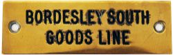 GWR brass Signal Box Shelf Plate BORDESLEY SOUTH GOODS LINE. Machine engraved 4.75in x 1.5in.