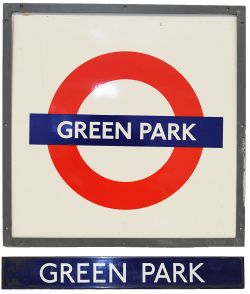 London Transport Enamel Target Sign GREEN PARK. Measuring 25in x 25in. With original frame. Together