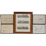 Line Drawings of Locomotives, qty 5 framed and glazed to include NER No 1518; LSWR No 530; Caley