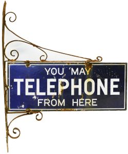 Advertising enamel Sign 'You May Telephone From Here' double sided with original mounting bracket.