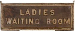GWR wooden Platform Sign with cast iron letters 'LADIES WAITING ROOM'. Double sided 49in x 18in