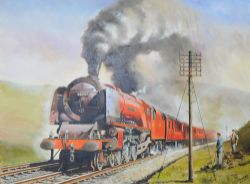 Original Oil Painting on canvas of Stanier Coronation Pacific 46247 CITY OF LIVERPOOL climbing
