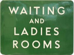 BR(S) enamel Station Platform Sign 'WAITING AND LAIDES ROOMS' F/F dark green. Measuring 24in x 18in.