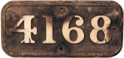 GWR brass Cabside Numberplate 4168. Ex Collett 2-6-2 Tank built Swindon in November 1948 and