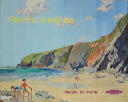 BR Poster `Pembrokeshire - Travel by Train` by Leech, quad royal size 50in x 40in. Typical beach