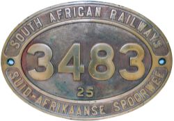 South African Railways dual language brass Cabside Numberplate 3483 Class 25. Built by the North