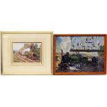 Original Oil/Gouache Paintings on board, a pair :- GWR Hall and a Riddles 9F loco Hauling a