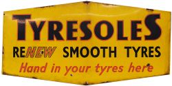 Advertising enamel Sign 'Tyre Soles Renew Smooth Tyres - Hand In Your Tyres', F/F, black and red