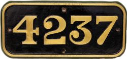 GWR Brass cabside numberplate 4237. Ex 2-8-0T heavy freight locomotive built Swindon Works October