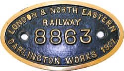 LNER 9 x 5 works Tenderplate 8863 Darlington Works 1921. Ex Raven B16 4-6-0 locomotive. Face