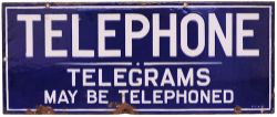 Enamel Sign 'TELEPHONE TELEGRAMS MAY BE TELEPHONED' 22in x 9in.double sided. Both sides in good