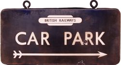 BR(E) double sided enamel Station Forecourt Sign CAR PARK with arrow beneath, British Railways totem