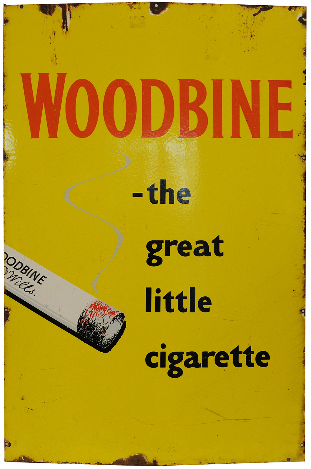 Advertising enamel Sign 'Woodbine The Great Little Cigarette' red, yellow and black, 24in x 37in.