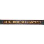 Carriage Board CLYDEBANK EAST - COATBRIDGE (SUNNYSIDE) Painted maroon measuring 32.5in x 3.5in and