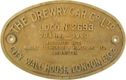 Worksplate The Drewry Car Co Ltd Loco No 2693 204HP 1960 Associated with Robert Stephenson &
