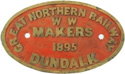 GNR(I) brass Tenderplate 'Great Northern Railway (Ireland) Dundalk 1895' measuring 10 x 6 inches. Ex