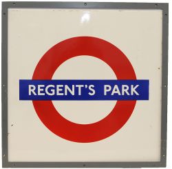 London Transport Enamel Target Sign REGENT'S PARK. Measuring 25in x 25in. With original frame.