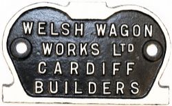 Wagon Plate 'Welsh Wagon Works Ltd. Cardiff Builders'. Crown shaped measuring 9.5in x 5.75in. Nicely