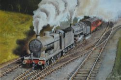 Original Oil Painting on canvas of a double headed train with 4F 44164 and 'Ivatt Flying Pig' near